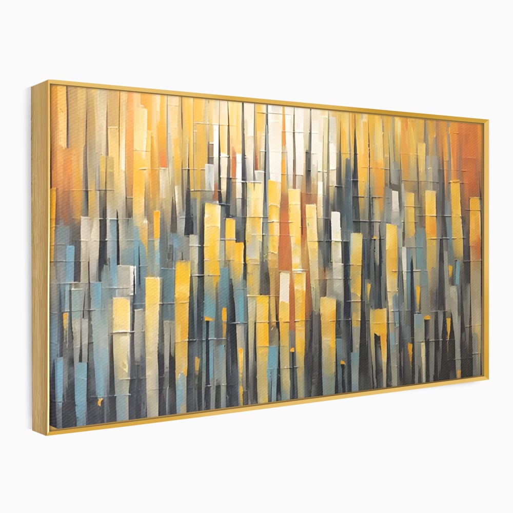 Tablou canvas cu pictura abstracta cu dungi verticale aurii, in rama de aluminiu auriu